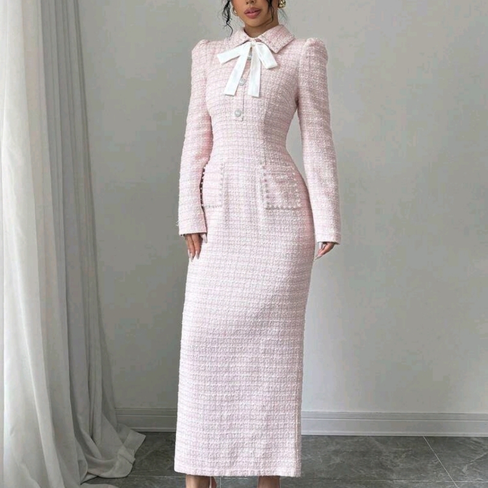 Elegant Pink Tweed Dress with Bow Detail